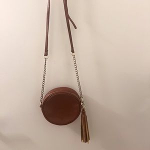 Camel colored circle crossbody bag